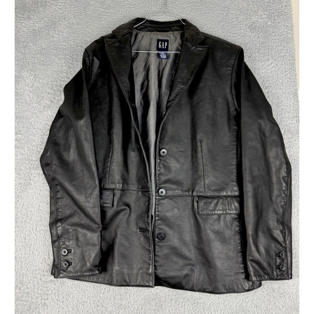 Vintage GAP Leather Blazer Jacket Womens L Black Y2K Button Up 90s Minimalist